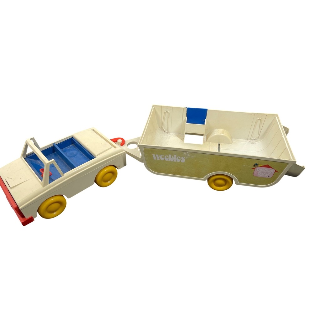 Vintage 1972 Hasbro Weebles Romper Room Jeep and Camper Trailer Set White Yellow